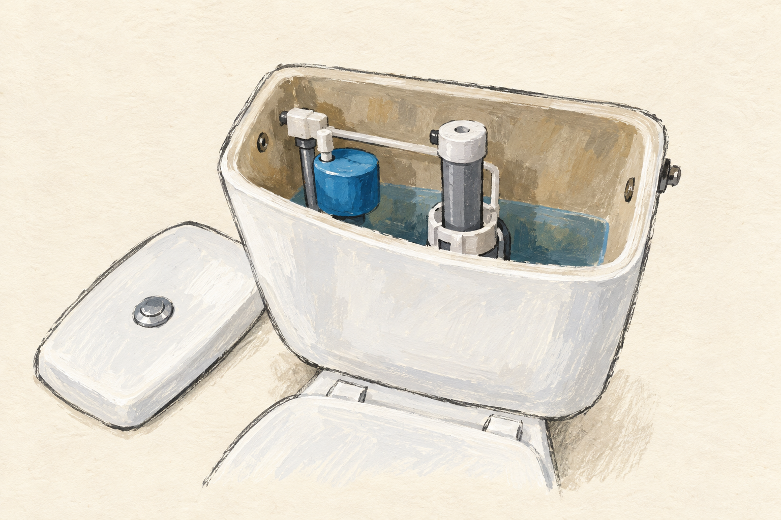 Un réservoir de WC ouvert avec son flotteur bleu et son mécanisme de chasse, dessiné sur fond ivoire.
