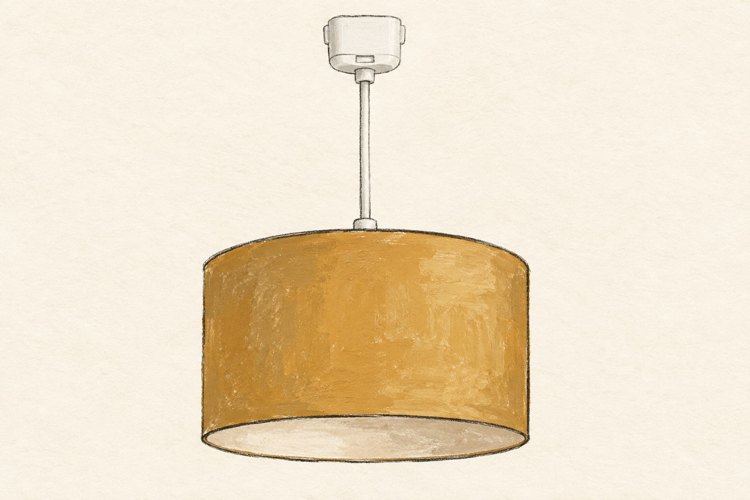 Suspension ocre avec cordon et connecteur blancs, dessinée sur fond ivoire.