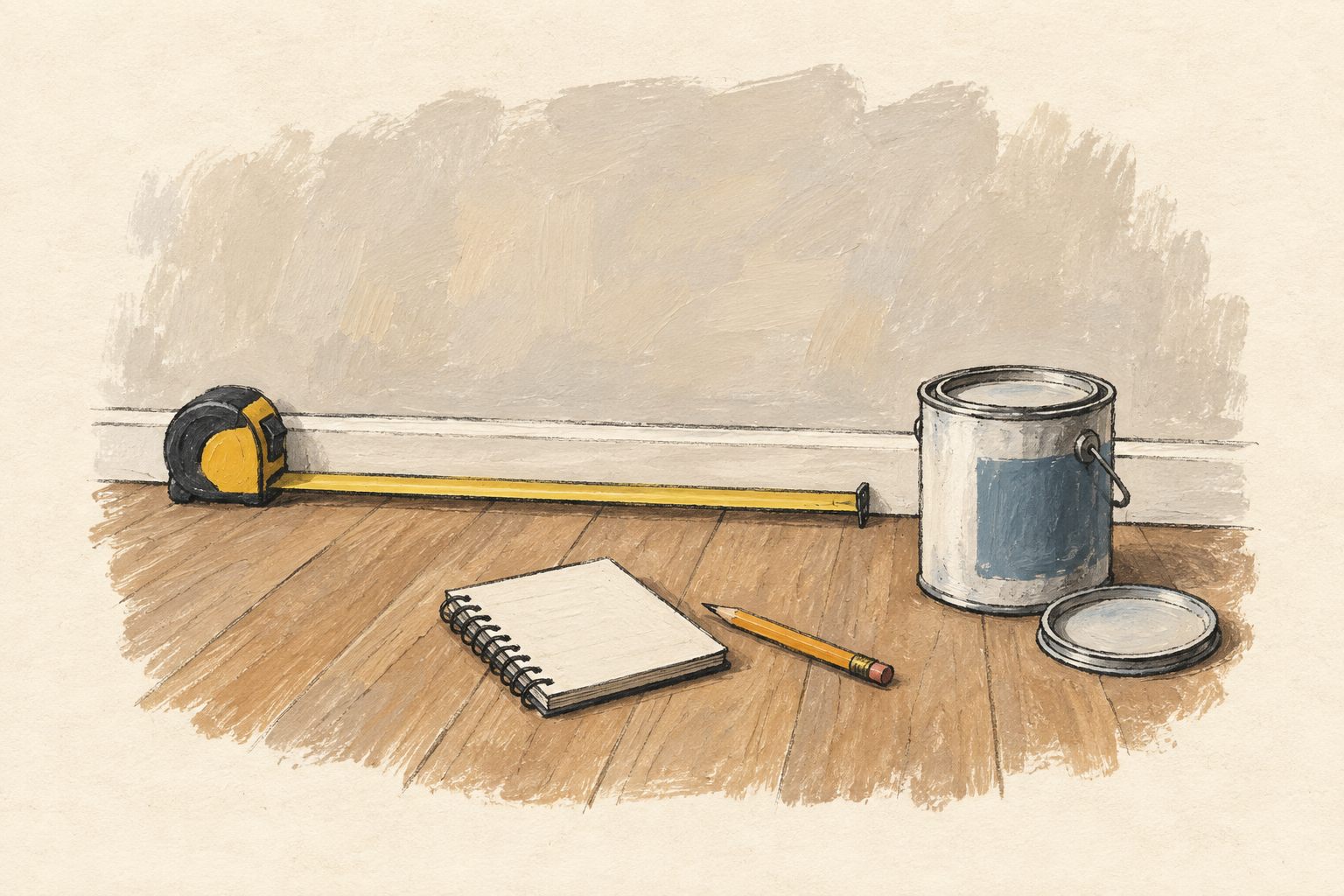Un mètre ruban déroulé le long d’un mur, un carnet de notes et un pot de peinture posé au sol, à la gouache sur fond ivoire.