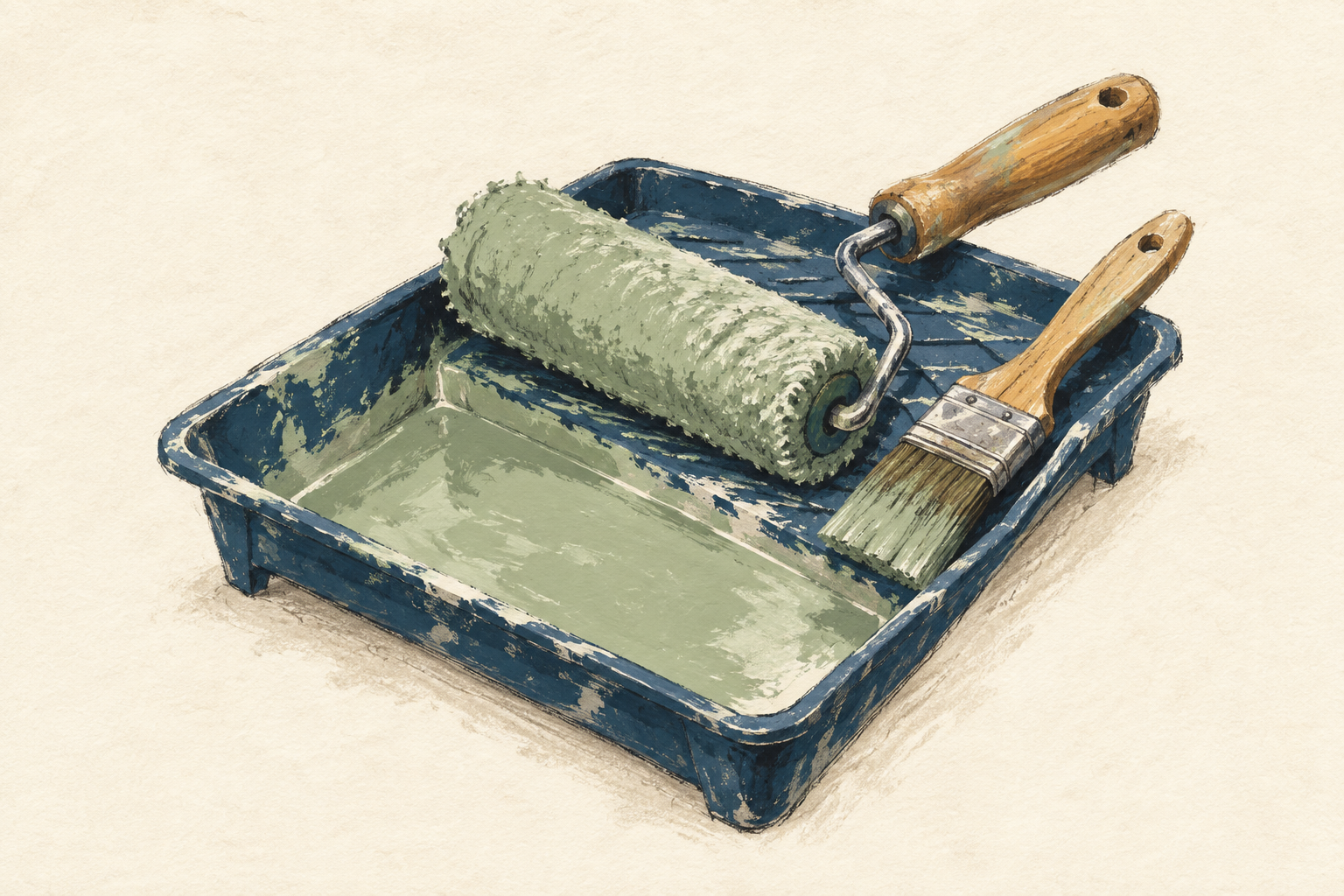 Un rouleau et un pinceau à peinture reposent sur un bac contenant de la peinture verte, à la gouache sur fond ivoire.