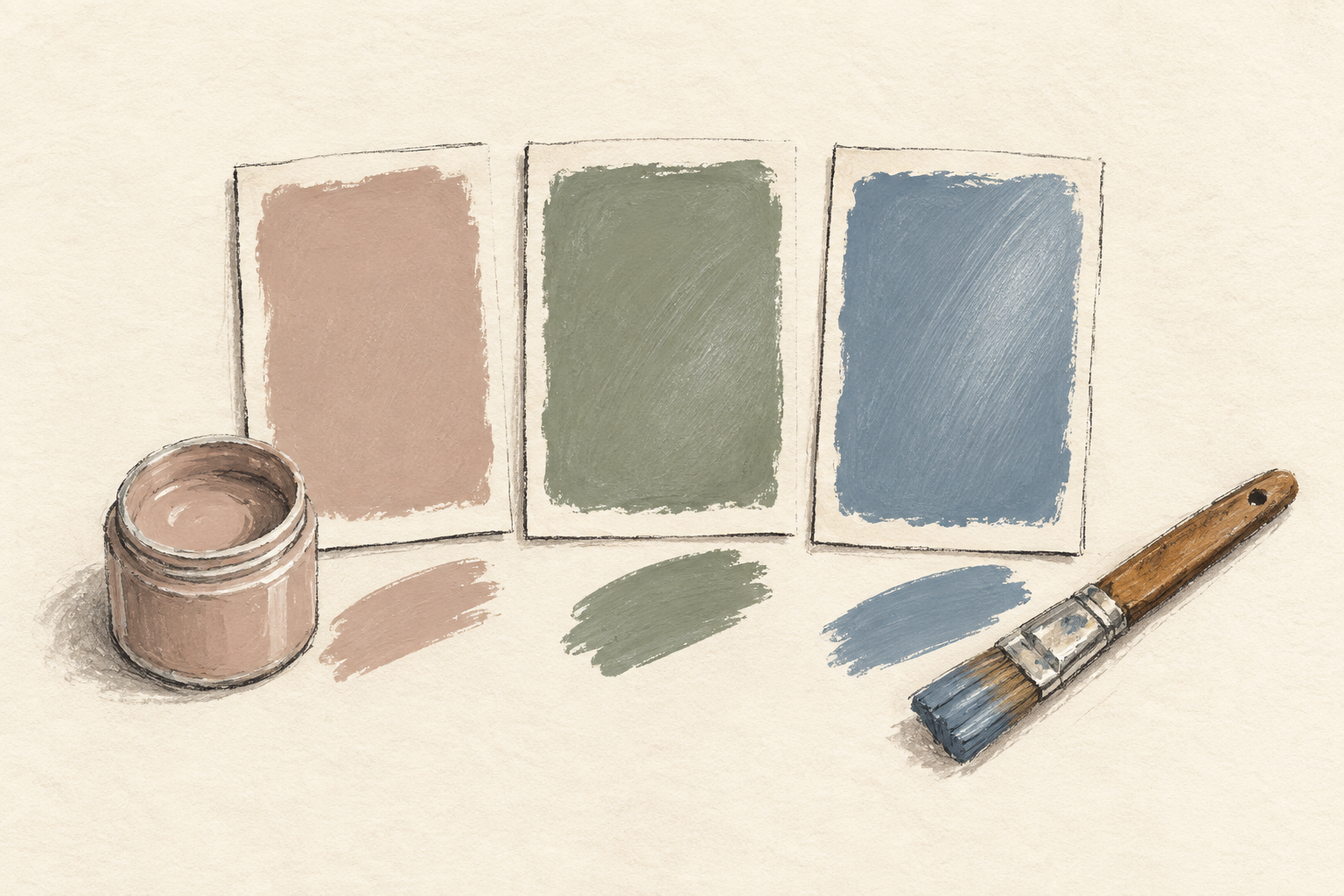 Trois échantillons de peinture rose, verte et bleue, accompagnés d’un pot et d’un pinceau, au crayon et à la gouache sur fond ivoire.