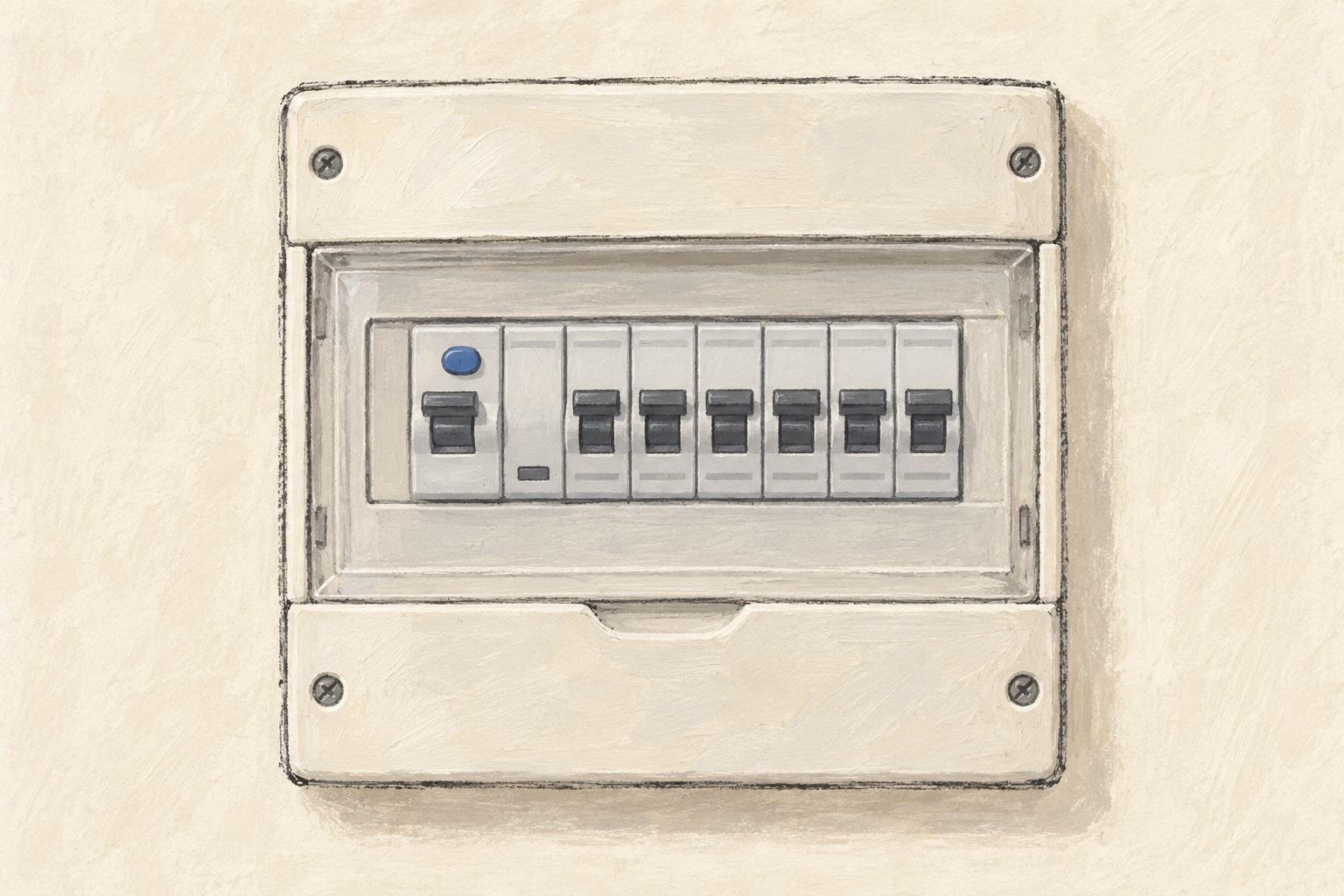 Tableau électrique avec protections en façade, dessiné au crayon et à la gouache sur fond ivoire.