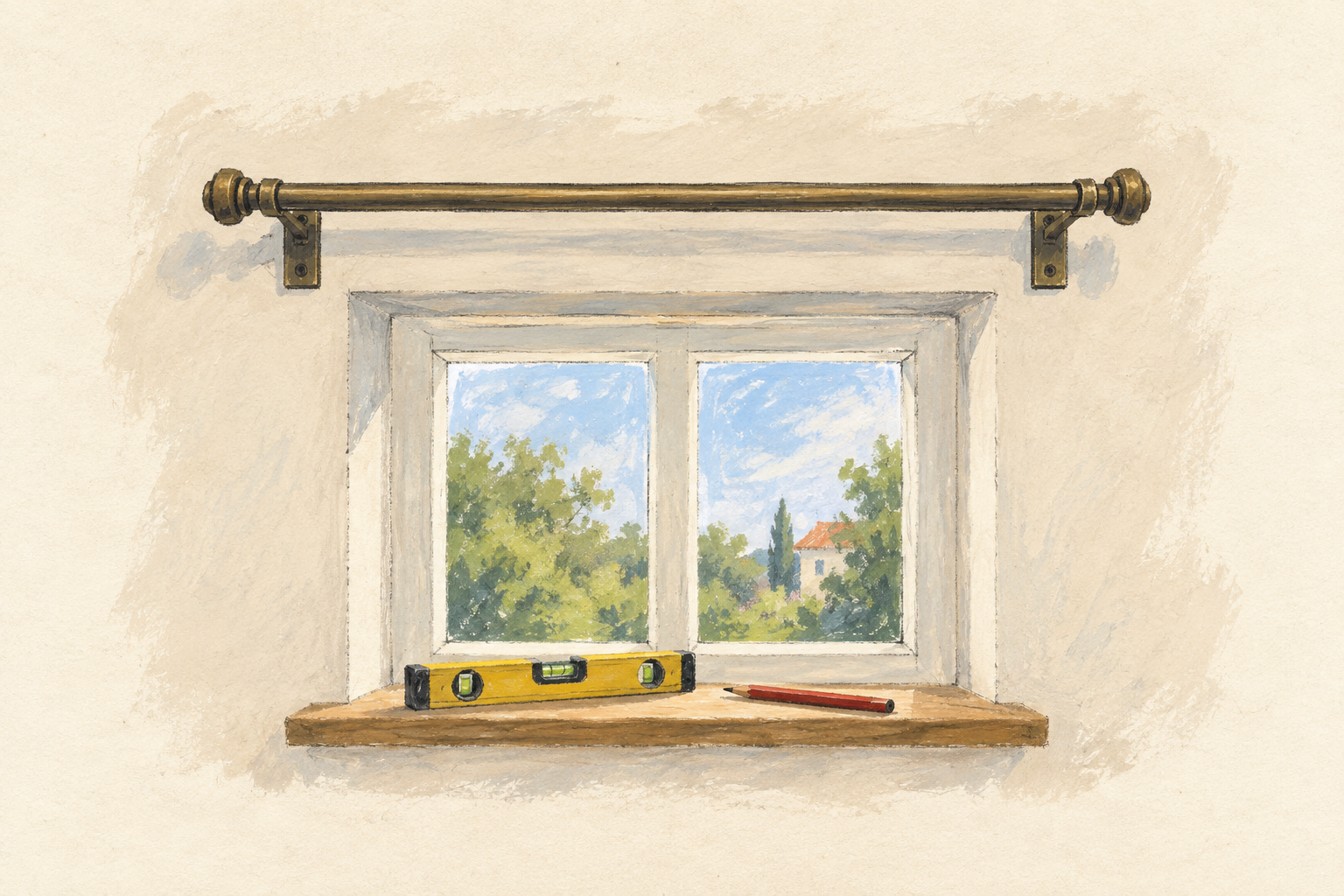 Une tringle à rideaux droite posée sur deux supports fixés au mur, avec un niveau à bulle et un crayon, à la gouache sur fond ivoire.