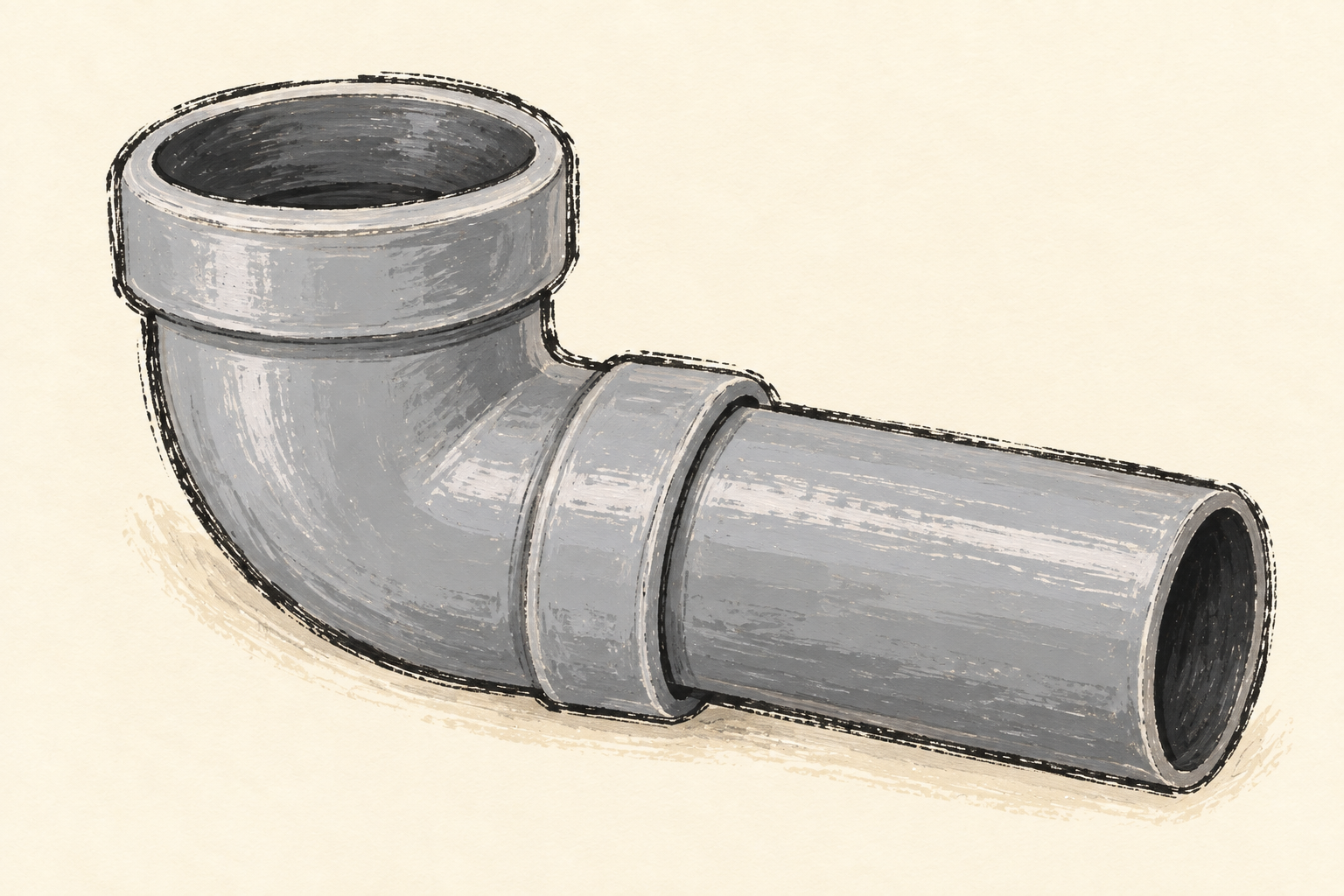 Un coude et un tube d’évacuation gris en PVC, dessinés au trait et à la gouache sur fond ivoire.