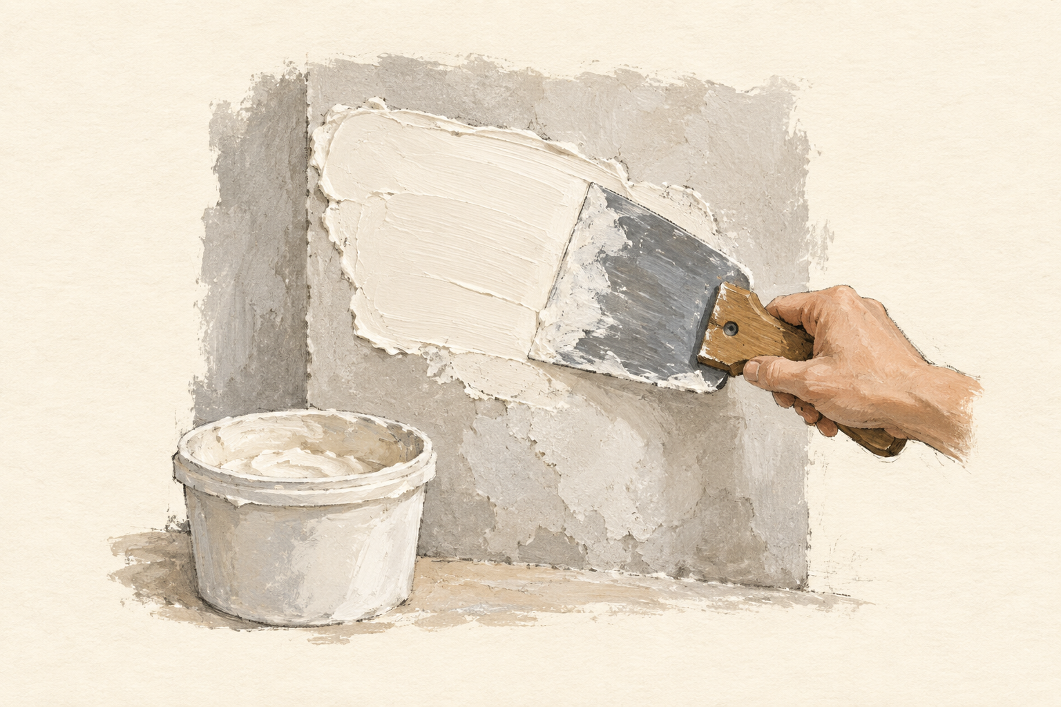 Une main passe un couteau à enduire sur une large zone de mur, avec un pot d’enduit à côté, à la gouache sur fond ivoire.