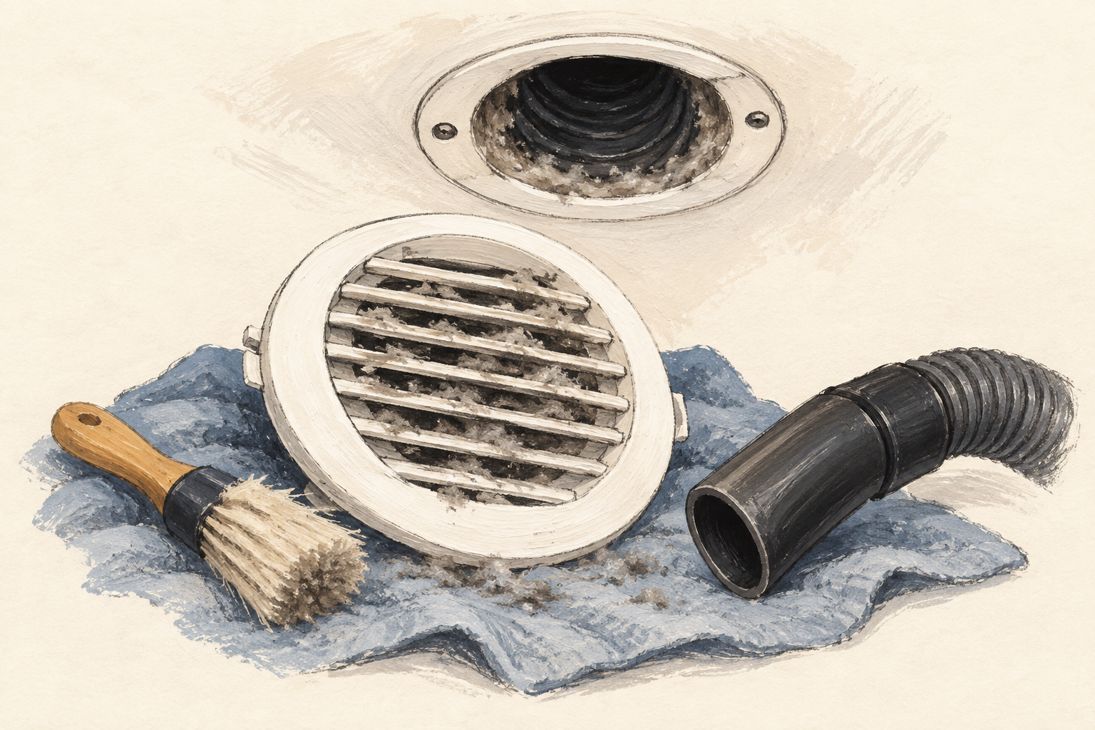 Une bouche d’extraction de VMC déposée sur un chiffon, avec une brosse souple et un aspirateur à côté, à la gouache sur fond ivoire.