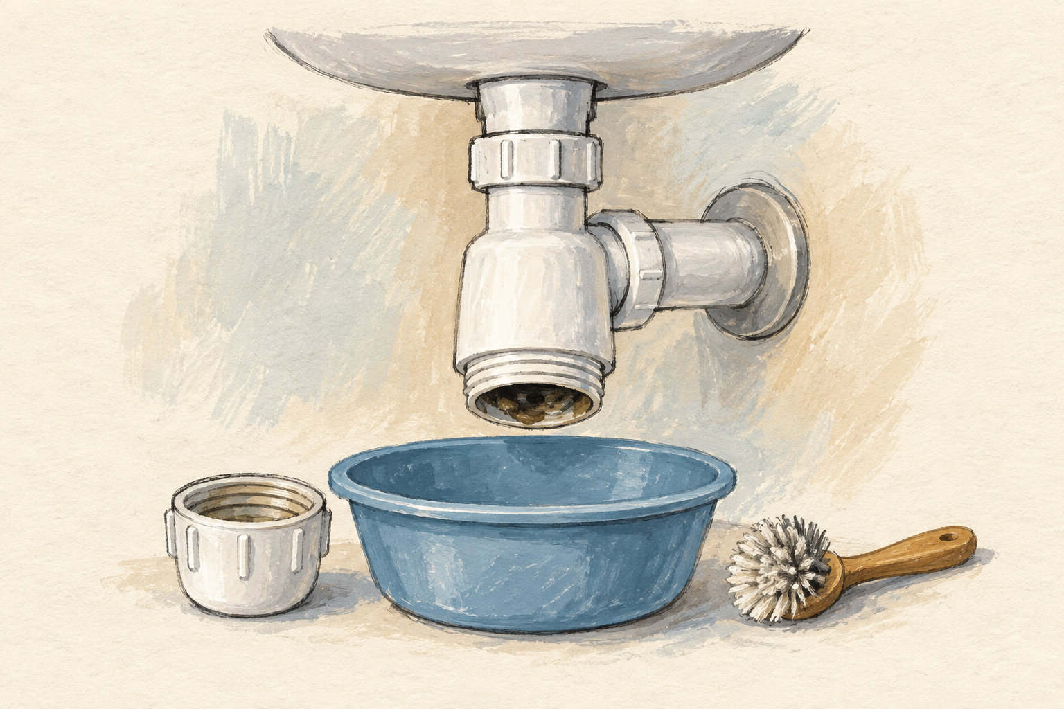 Un siphon blanc sous un lavabo, son culot dévissé près d’une bassine bleue et d’une brosse sur fond ivoire.
