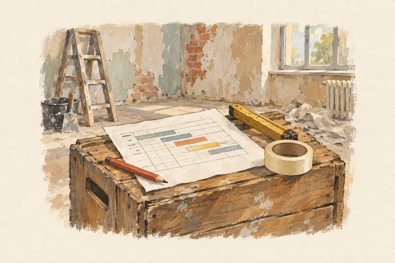 Un planning à bandes colorées, un crayon, un niveau et du ruban de masquage sur une caisse en bois dans une pièce à rénover, à la gouache sur fond ivoire.