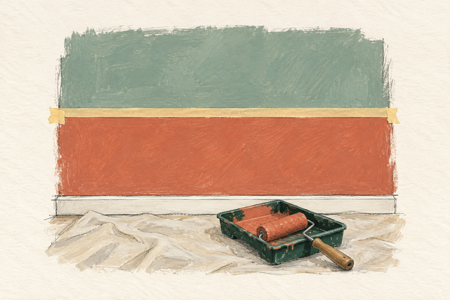 Un mur porte deux bandes de couleurs différentes séparées par une ligne nette recouverte d’un ruban de masquage, à la gouache sur fond ivoire.