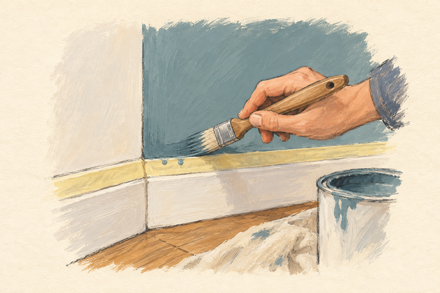 Un pinceau à rechampir trace une bande de peinture le long d’un angle au-dessus d’un ruban de masquage posé sur une plinthe, à la gouache sur fond ivoire.