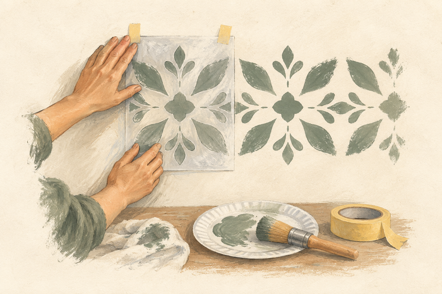 Un pochoir en mylar posé sur un mur, un motif partiellement peint au tamponnage et une brosse ronde presque sèche posée sur une assiette, à la gouache sur fond ivoire.