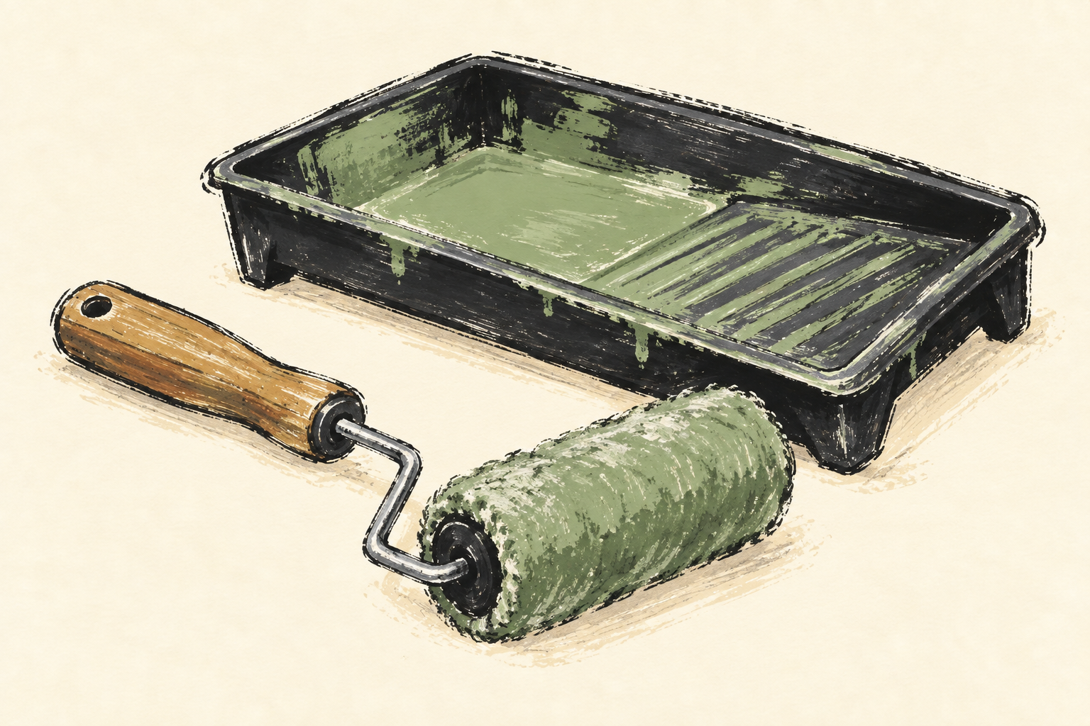 Un rouleau chargé de peinture verte avec son bac, dessin au trait et à la gouache sur fond ivoire.