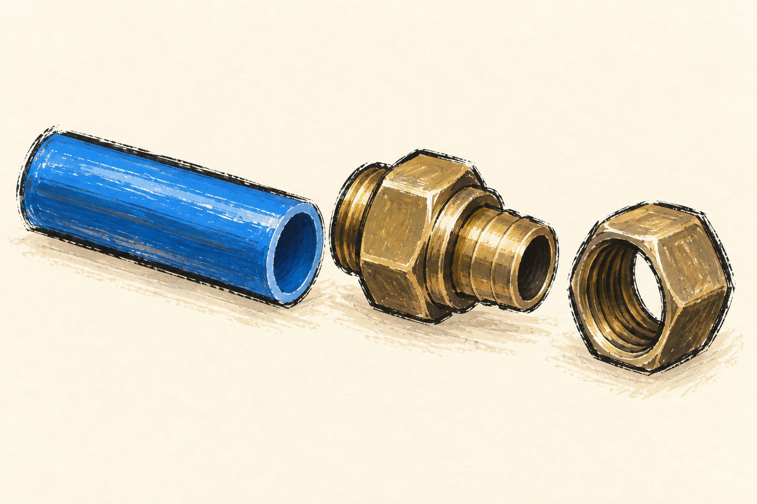 Un tube PER bleu, un raccord en laiton et son écrou, dessinés sur fond ivoire.