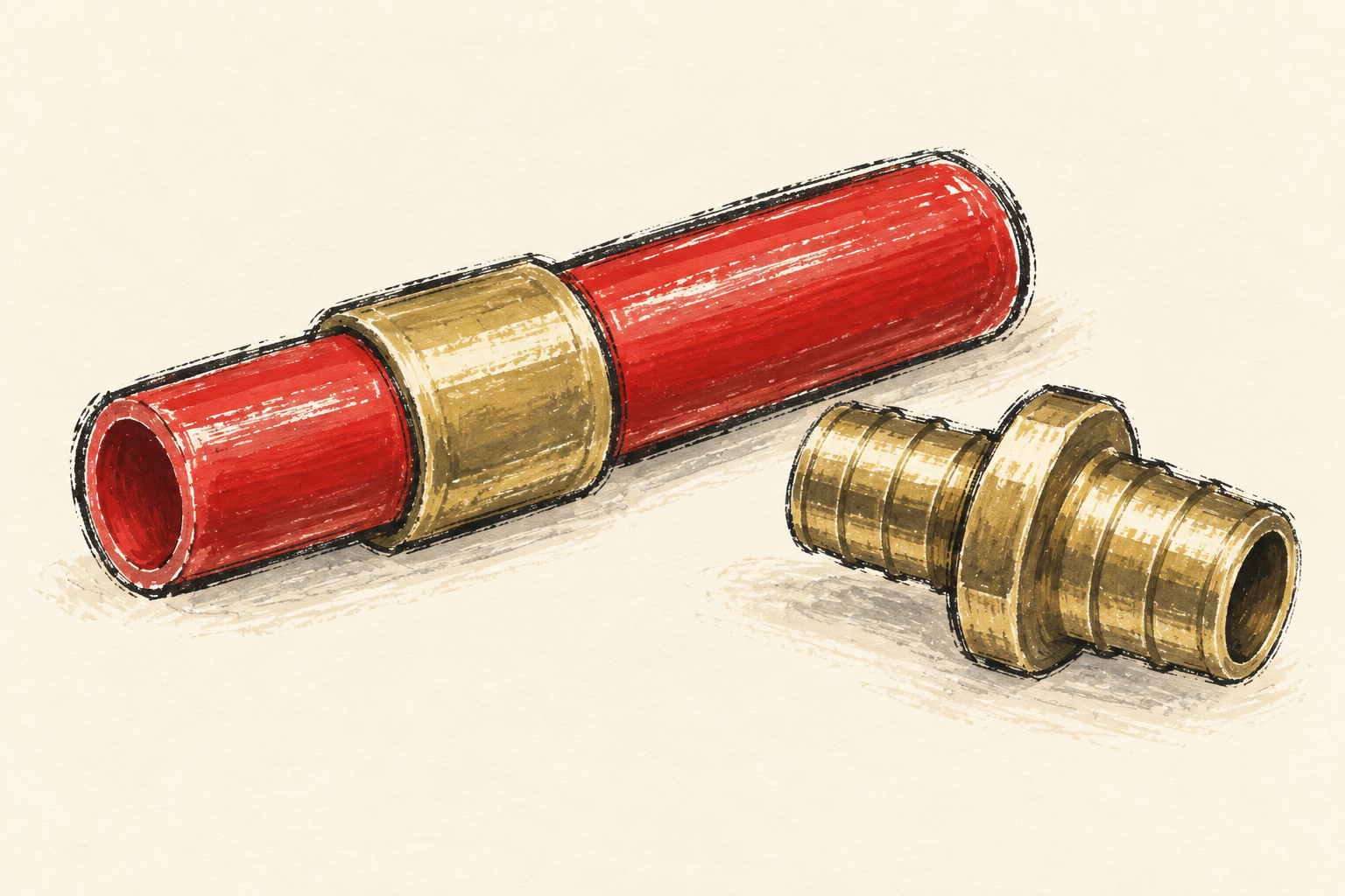 Un tube PER rouge avec sa bague coulissante et un raccord en laiton, dessinés sur fond ivoire.