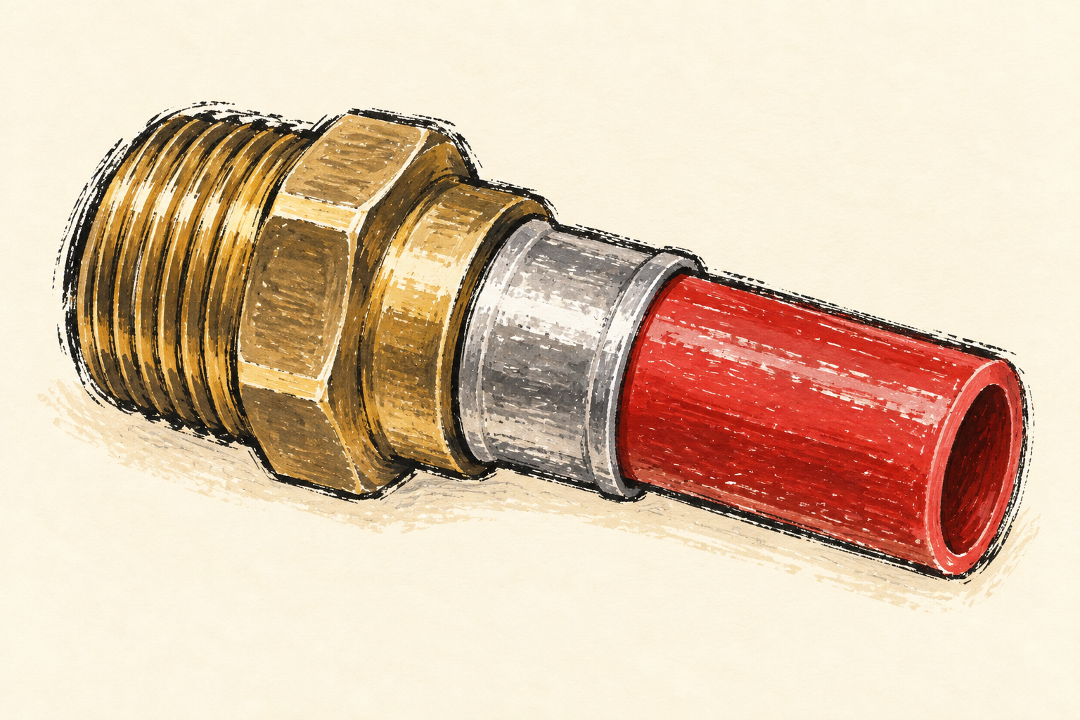 Un tube PER rouge engagé dans un raccord à bague métallique, dessiné sur fond ivoire.