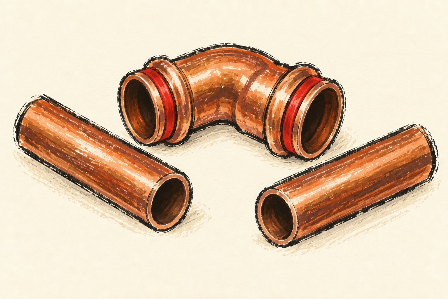 Des tubes et un coude en cuivre, dessinés au trait et à la gouache sur fond ivoire.