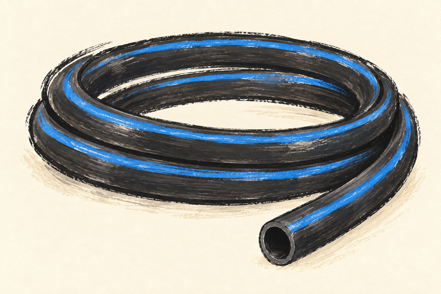 Illustration stylisée au trait et à la gouache d’un tube PEHD noir enroulé, avec des bandes bleues sur fond ivoire.