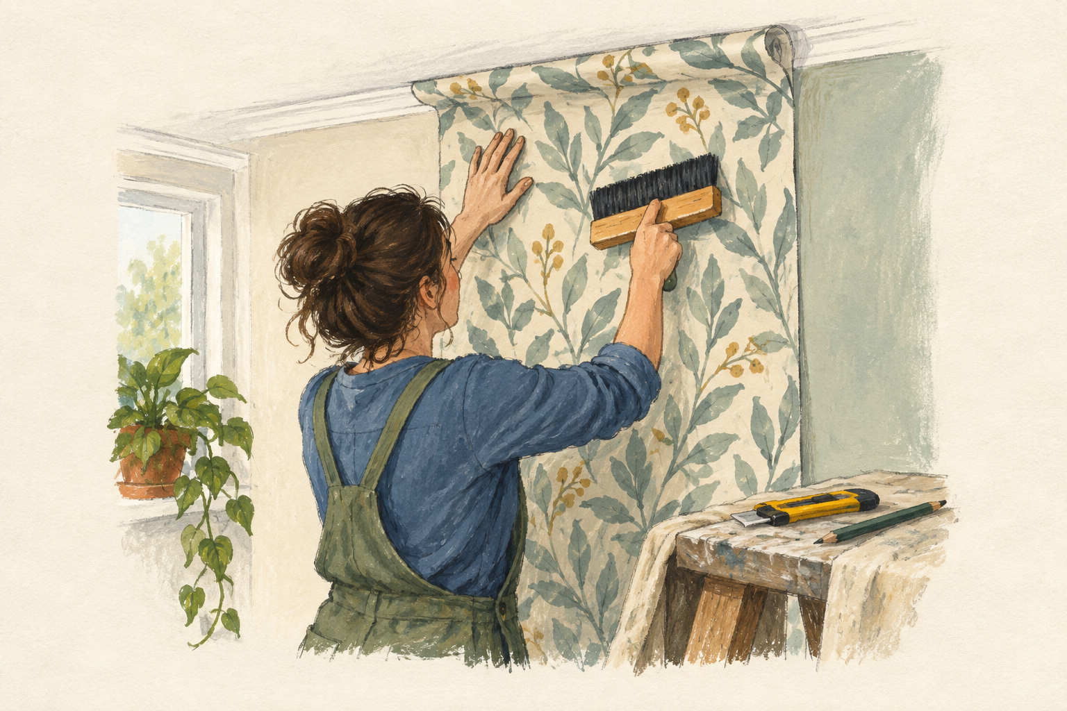 Une personne maroufle un lé de papier peint à motif végétal avec une brosse, à la gouache sur fond ivoire.