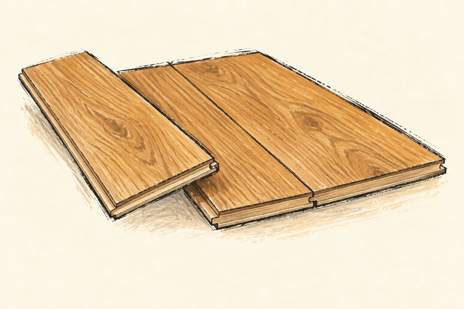 Des lames de parquet couleur chêne, dessinées au trait et à la gouache sur fond ivoire.