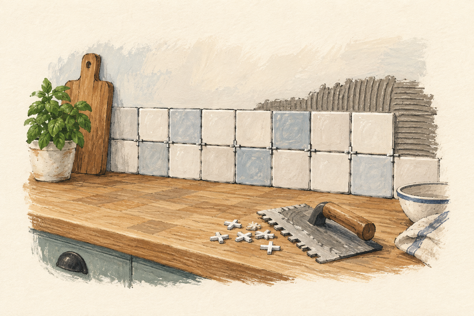 Une crédence en carreaux bleus et blancs en cours de pose au-dessus d’un plan de travail, avec un peigne à colle et des croisillons, à la gouache sur fond ivoire.