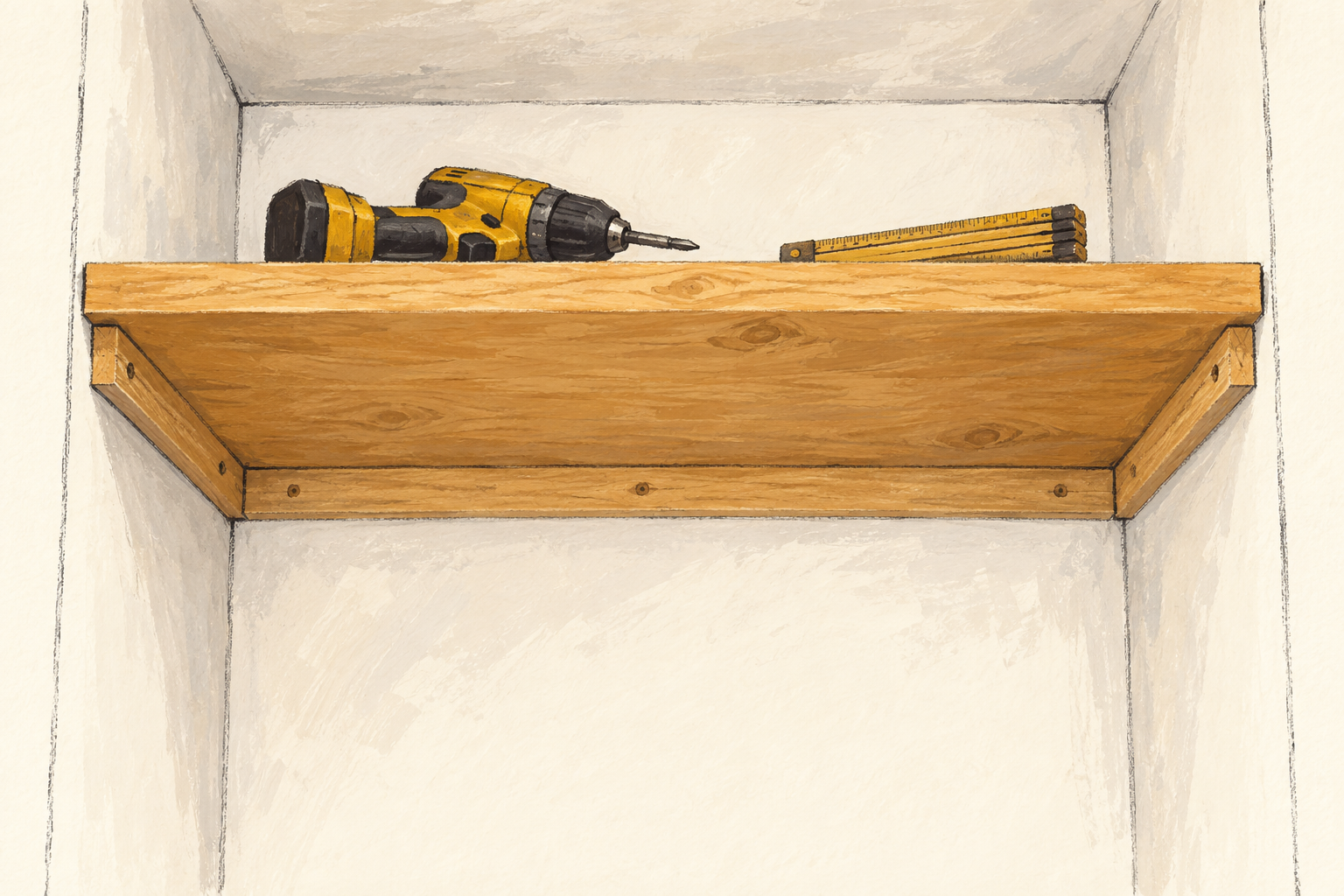Une tablette en bois repose sur des tasseaux fixés sous ses bords dans un placard, avec une perceuse et un mètre pliant, à la gouache sur fond ivoire.