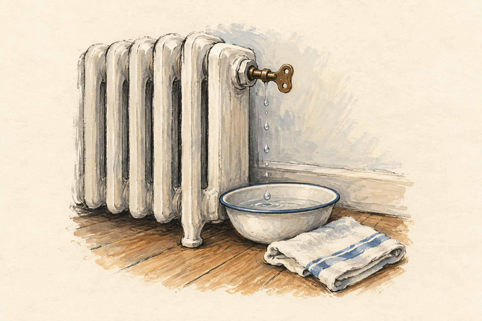 Une clé de purge posée sur la vis d’un radiateur en fonte, avec un petit récipient et un chiffon au sol, à la gouache sur fond ivoire.