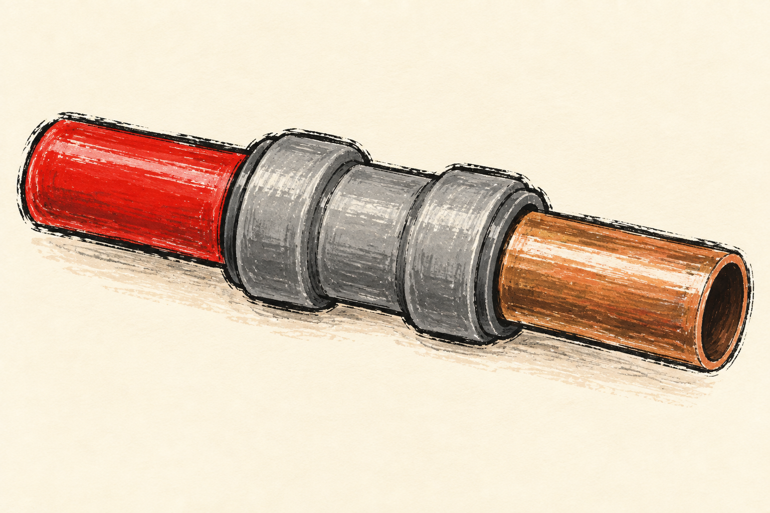 Un tube PER rouge relié à un tube cuivre par un raccord automatique, dessin sur fond ivoire.