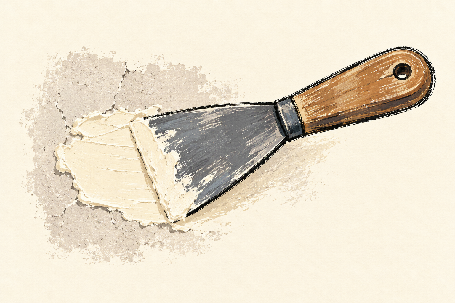 Un couteau à enduire lisse une petite réparation sur un mur, au trait et à la gouache sur fond ivoire.