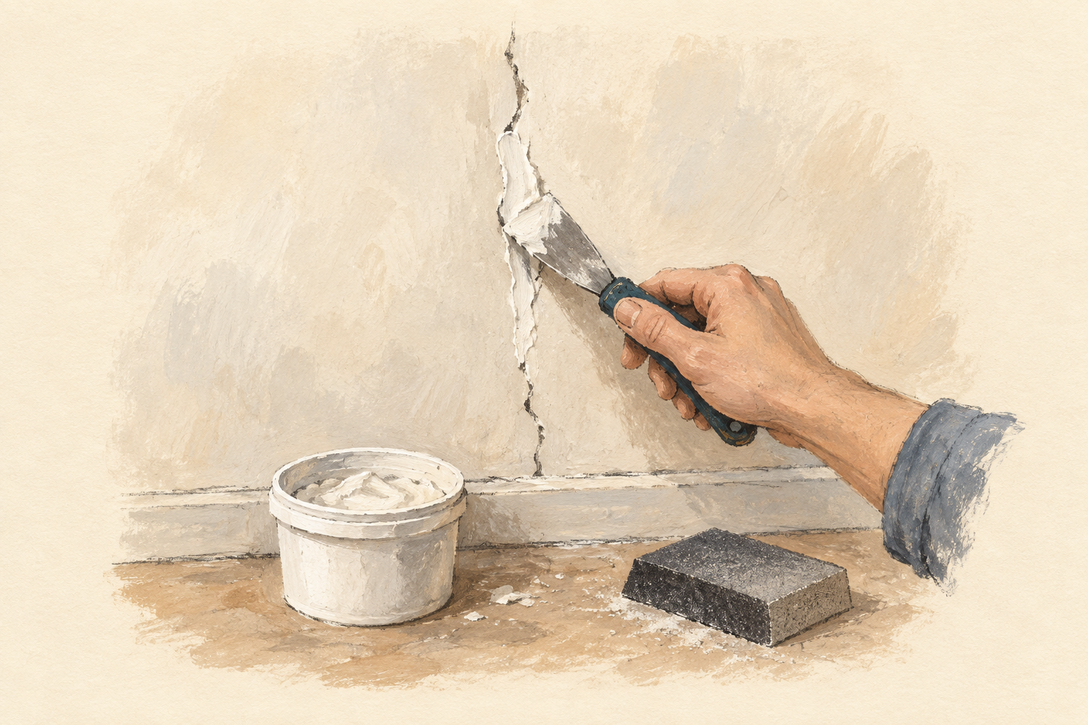Une spatule garnit d’enduit une fine fissure tracée dans un mur, un petit pot d’enduit de rebouchage posé à côté, à la gouache sur fond ivoire.