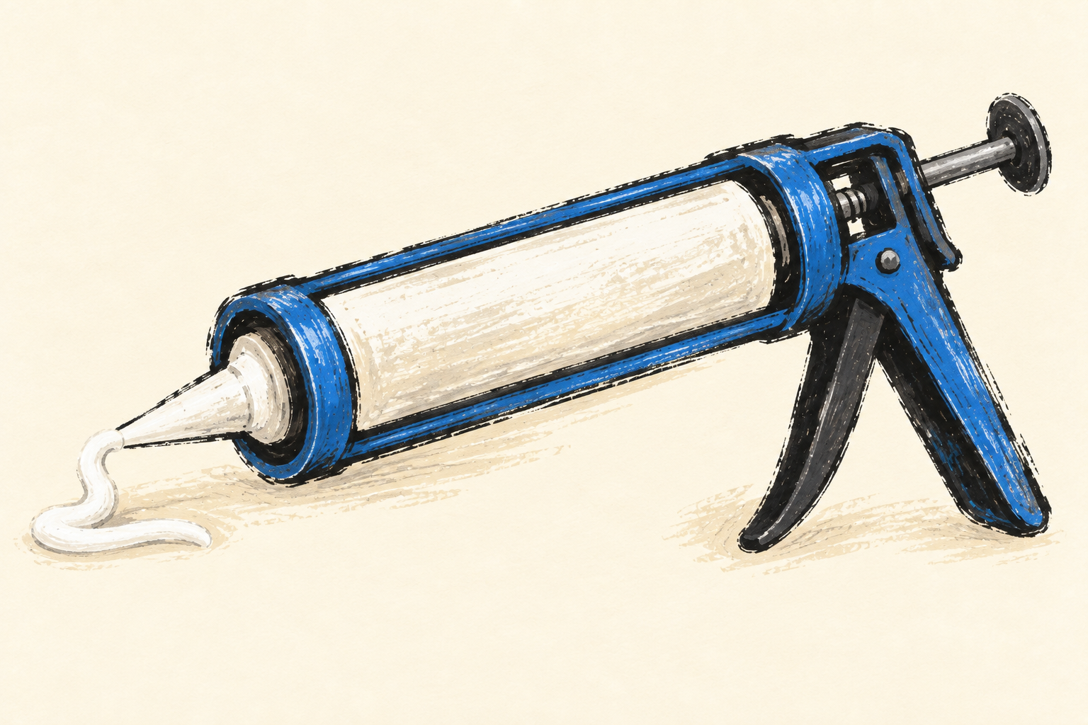 Un pistolet à cartouche près d’un cordon de silicone blanc, dessiné sur fond ivoire.