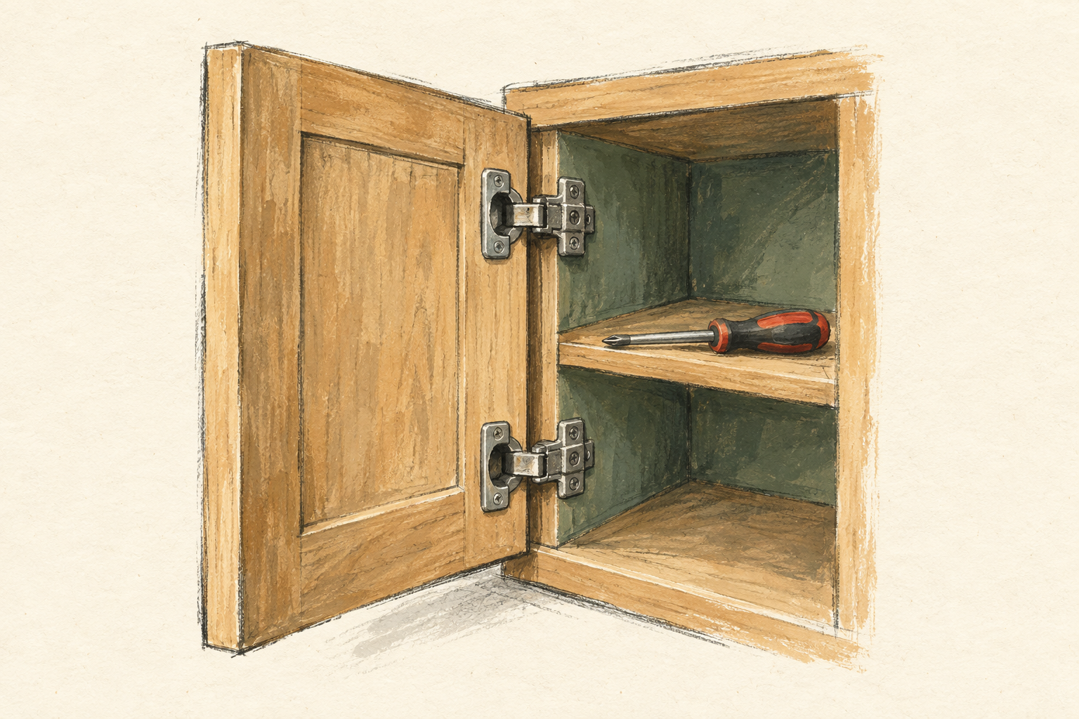 Une porte de placard entrouverte avec une charnière invisible apparente, un tournevis posé près de la coupelle, à la gouache sur fond ivoire.