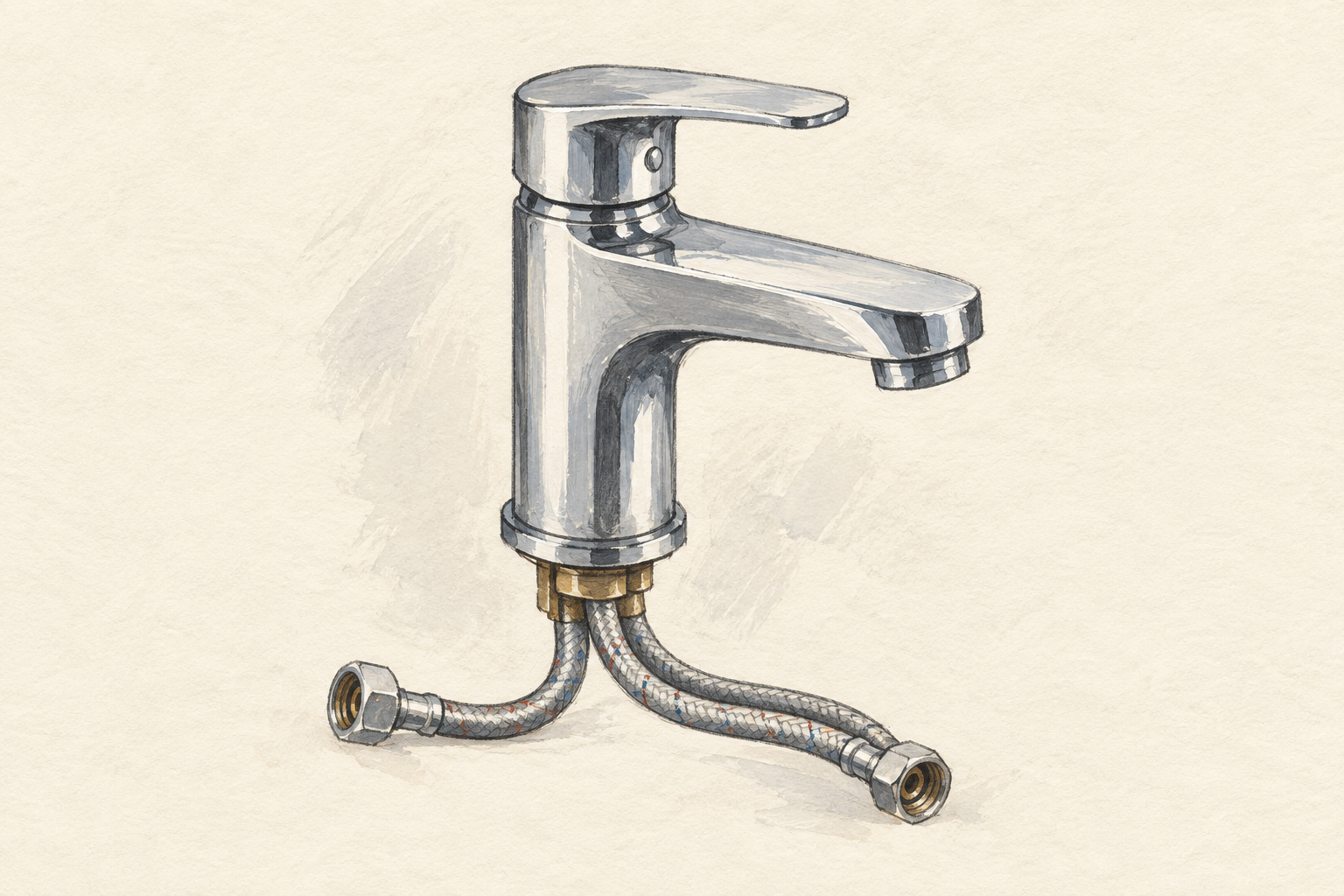 Un mitigeur de lavabo argenté et ses deux flexibles tressés, dessinés au crayon et à la gouache sur fond ivoire.