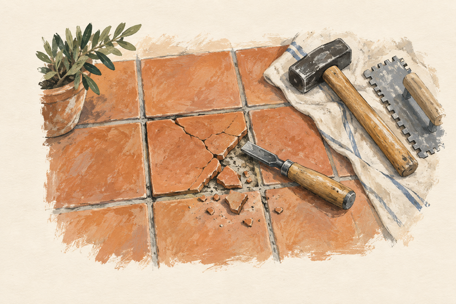 Un carreau de terre cuite cassé entouré de carreaux intacts, avec un burin, un marteau et un peigne à colle, à la gouache sur fond ivoire.