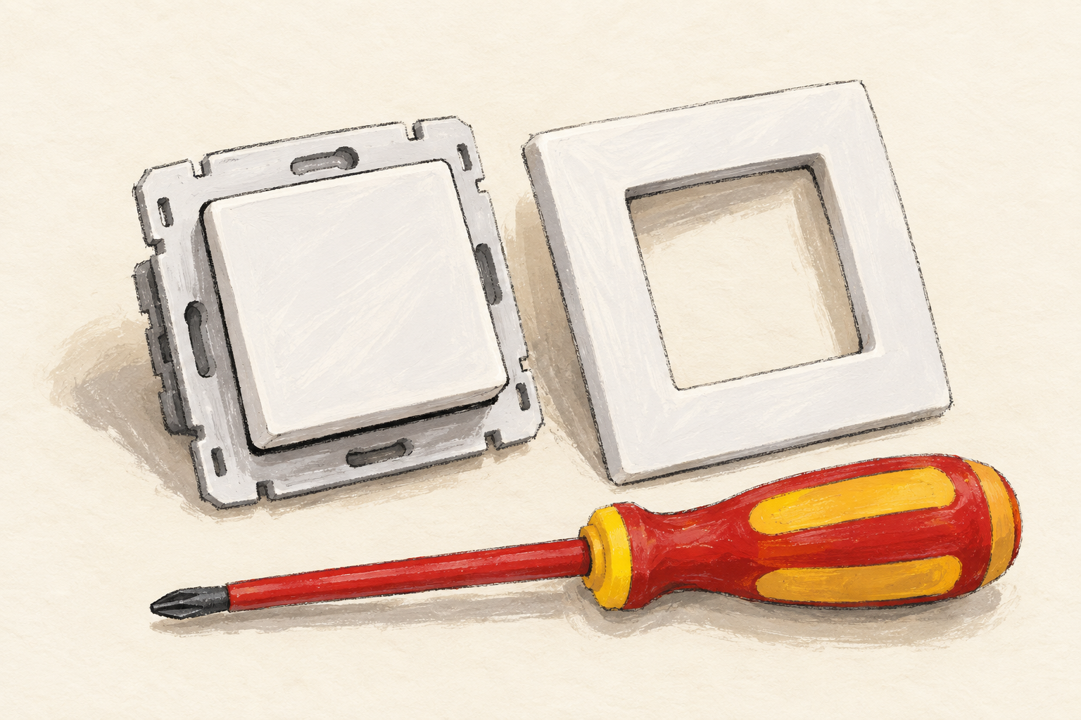 Un interrupteur blanc, son cadre de finition et un tournevis isolé rouge et jaune, à la gouache sur fond ivoire.