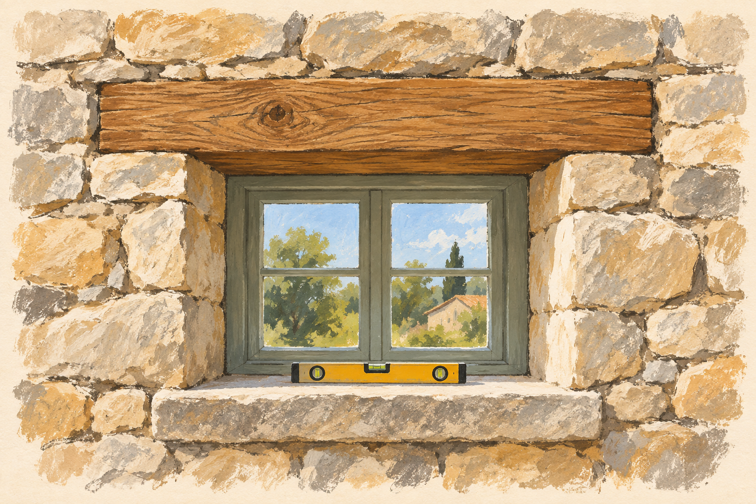 Un linteau en bois installé au-dessus d’une ouverture dans un mur en pierre, avec un niveau sur l’appui, à la gouache sur fond ivoire.