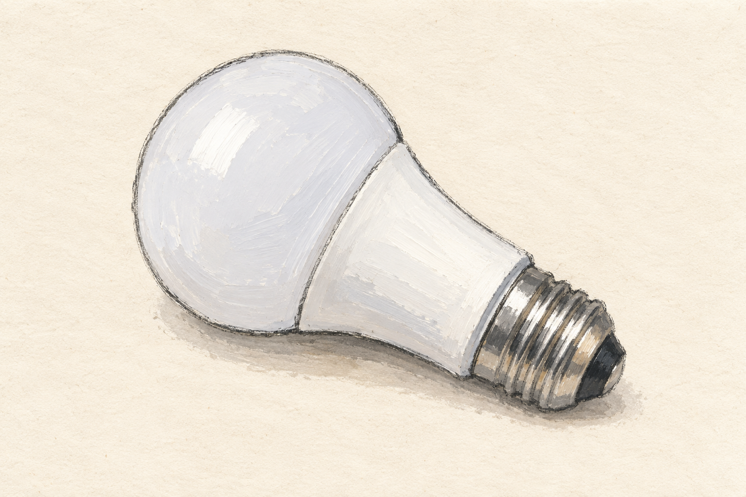 Ampoule blanche à culot vissé argenté, dessinée au crayon et à la gouache sur fond ivoire.