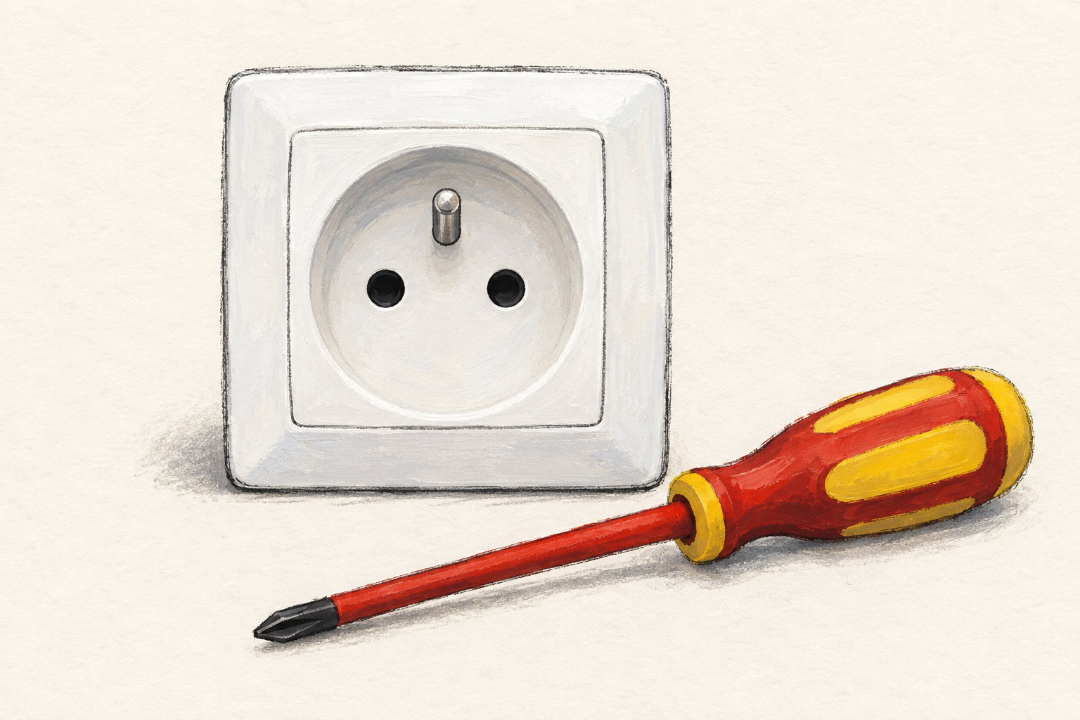 Une prise électrique française blanche avec broche de terre et un tournevis isolé rouge et jaune, à la gouache sur fond ivoire.