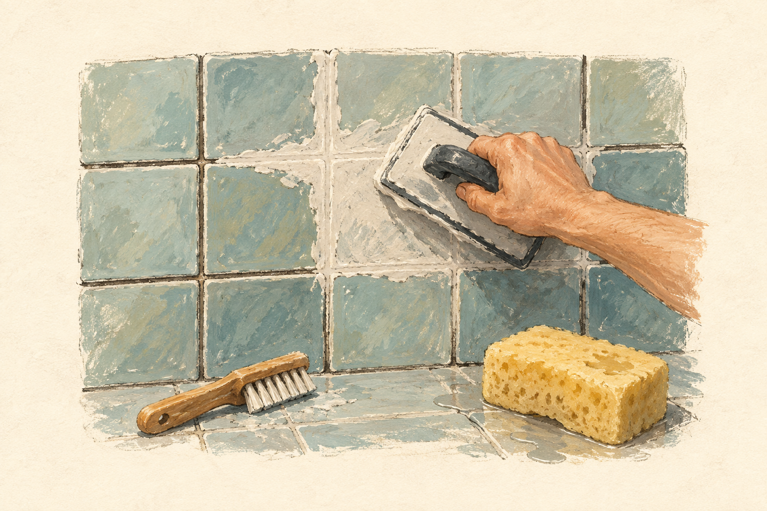 Une main regarnit les joints d’un carrelage bleu à la taloche, avec une brosse et une éponge à côté, à la gouache sur fond ivoire.