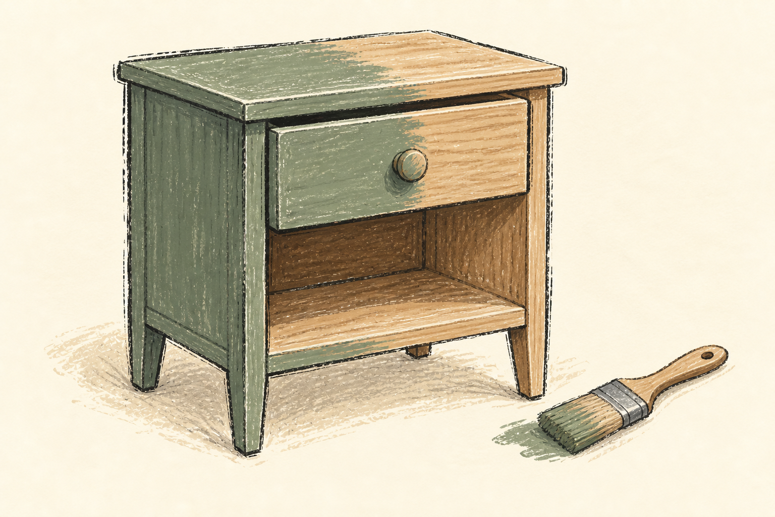 Un petit meuble en bois partiellement peint en vert et un pinceau, dessinés sur fond ivoire.