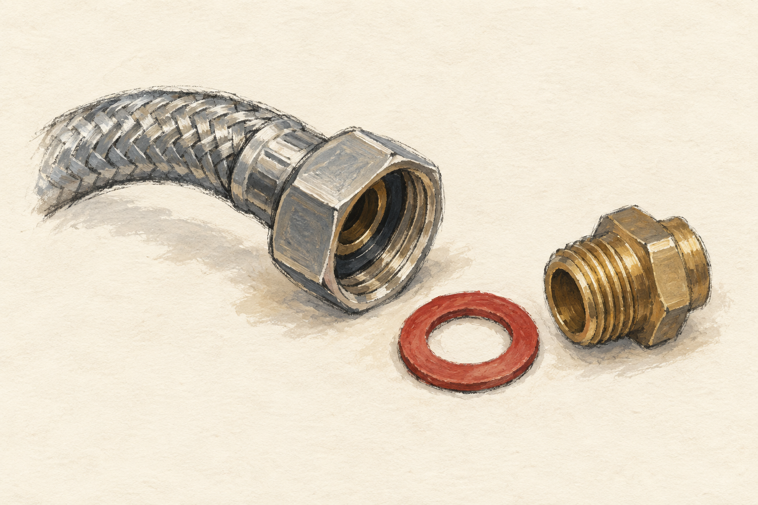 L’écrou d’un flexible tressé, un joint plat rouge et un raccord en laiton, dessinés à la gouache sur fond ivoire.