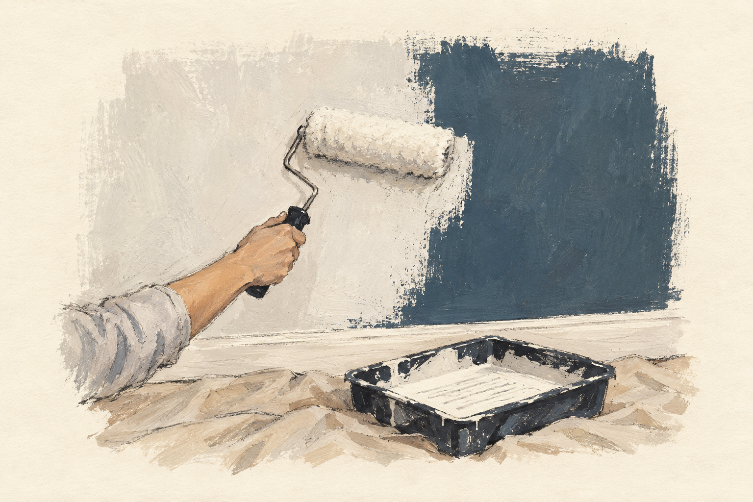 Un rouleau applique une peinture claire sur un mur qui laisse encore voir une bande de teinte foncée, à la gouache sur fond ivoire.